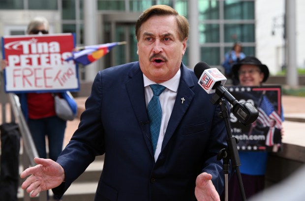 MyPillow CEO Mike Lindell speaks during a news conference outside the Alfred A. Arraj United States Courthouse in Denver on June 2, 2025, before the first day of a trial in a defamation case. Former Dominion Voting Systems executive Eric Coomer is suing Lindell for defamation, tying back to claims the MyPillow founder made about fraud in the 2020 presidential election. (Photo by Helen H. Richardson/The Denver Post)